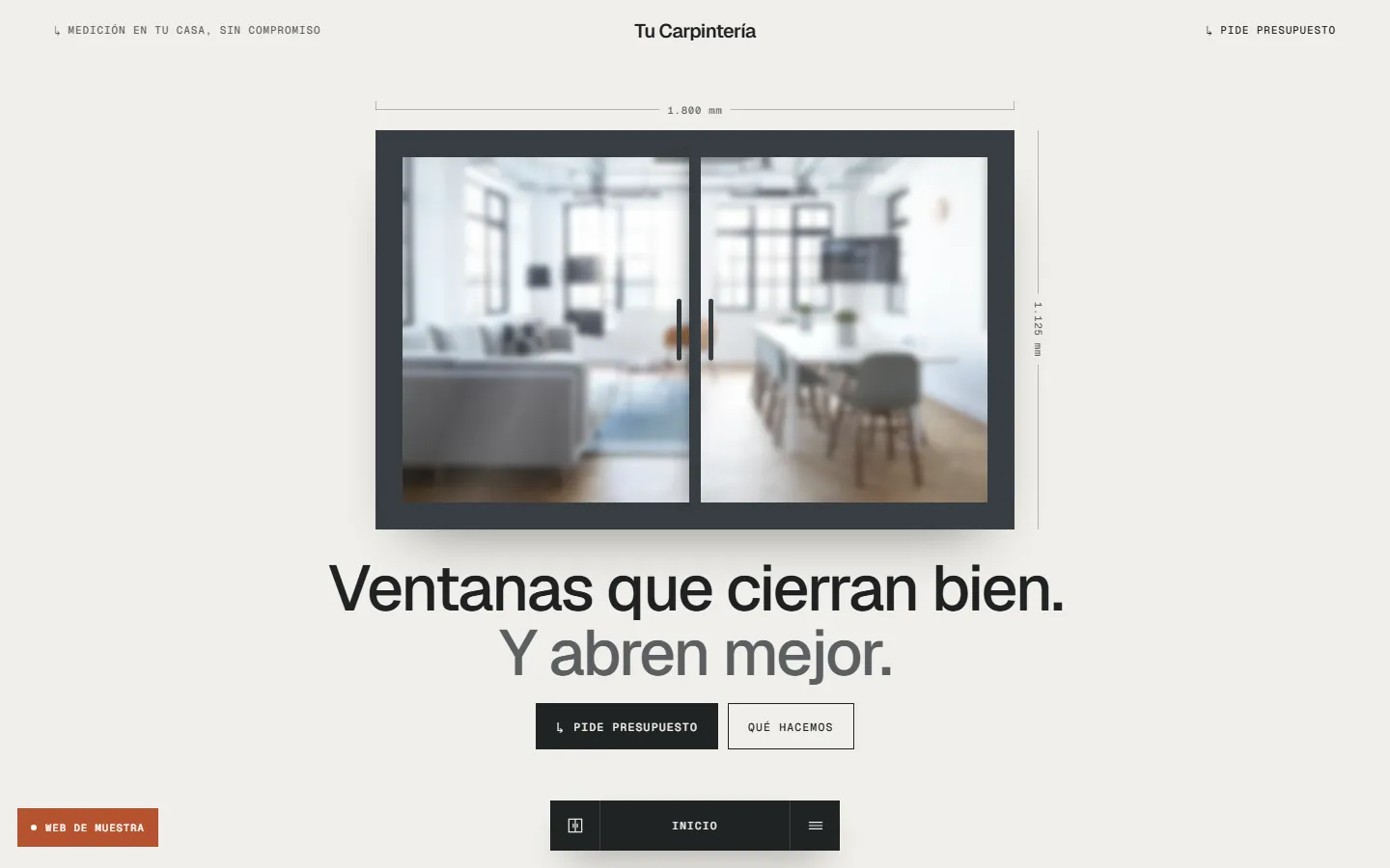Web de muestra para una carpintería de aluminio con una ventana corredera