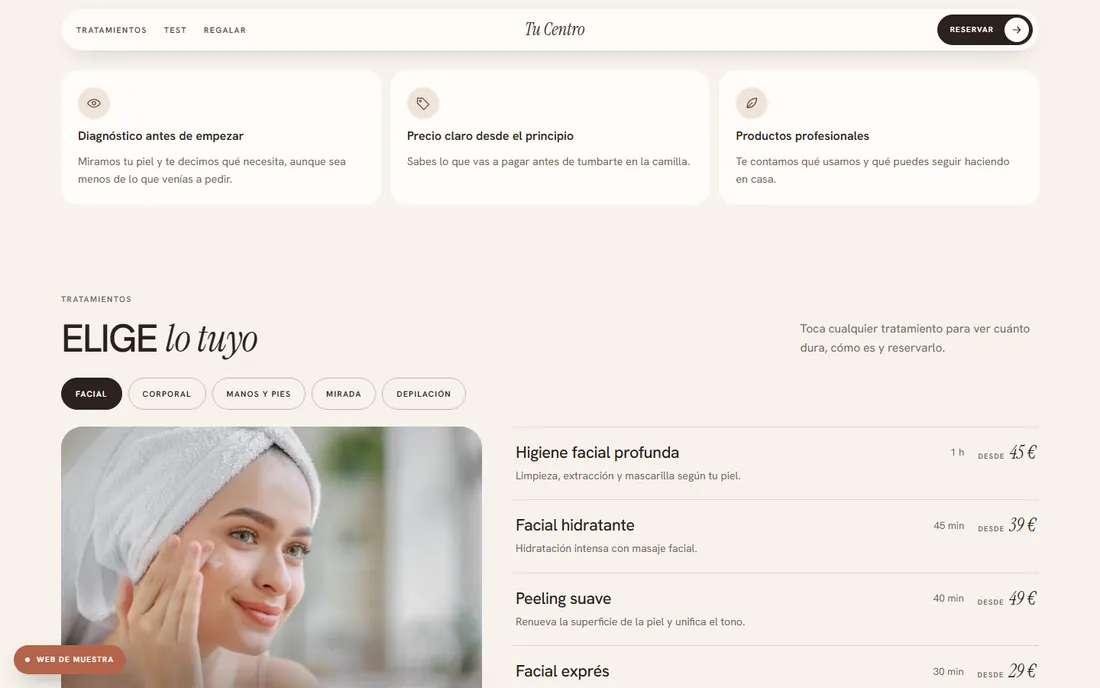 Web de muestra para un centro de estética con la lista de tratamientos y precios