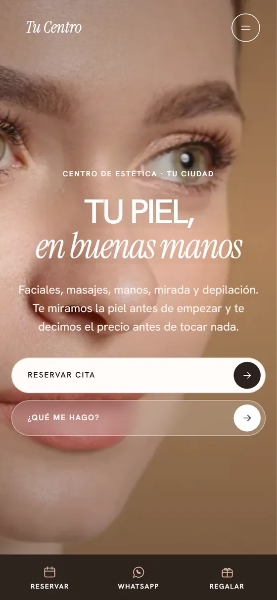 Web de muestra para un centro de estética vista en el móvil