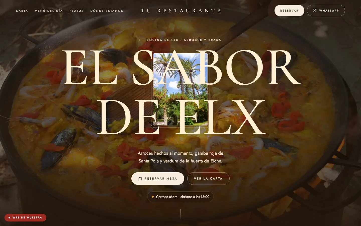 Portada de la web de muestra de hostelería en ordenador