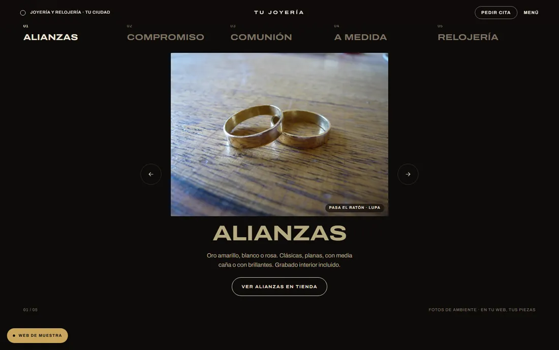Web de muestra para una joyería: carrusel de alianzas con lupa