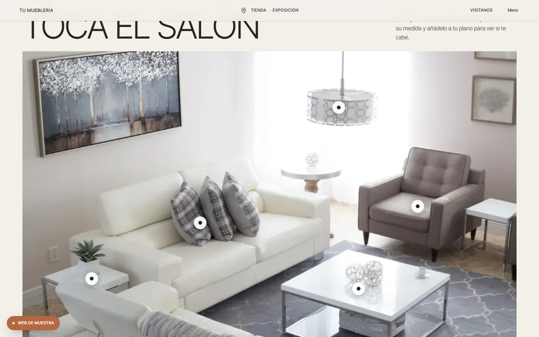 Web de muestra para una tienda de muebles: salón con puntos que se pueden tocar
